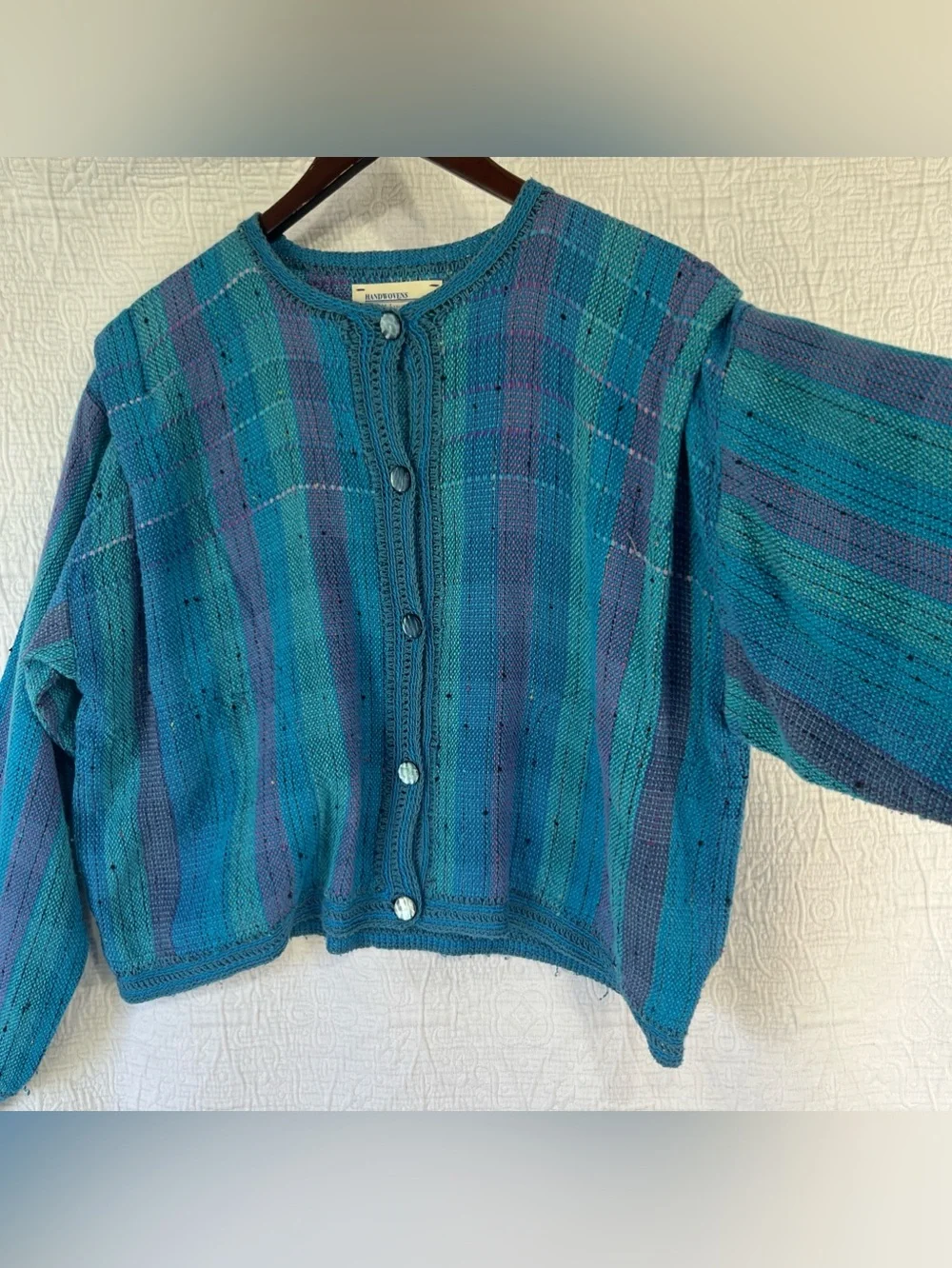 Vintage Handwoven Cardigan Sweater by M Lynette Holmes Handmade Cotton Tweed L